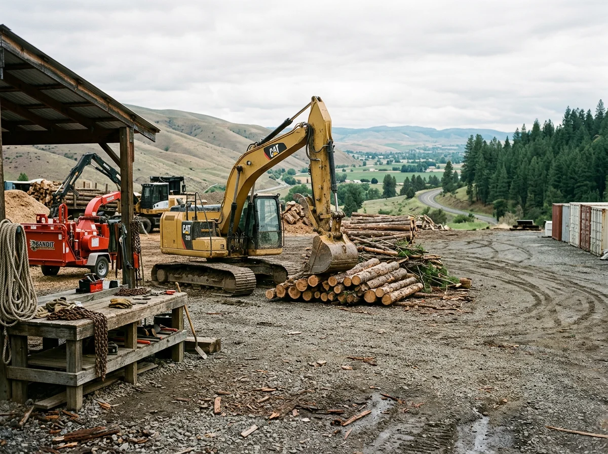 Professional tree service equipment and tools staged for land clearing and excavation work.