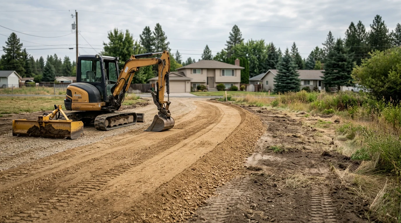 Excavator performing site grading for new driveway construction