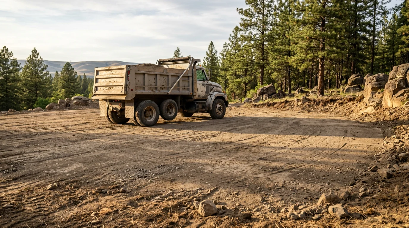 Dump truck hauling dirt and rock for construction site