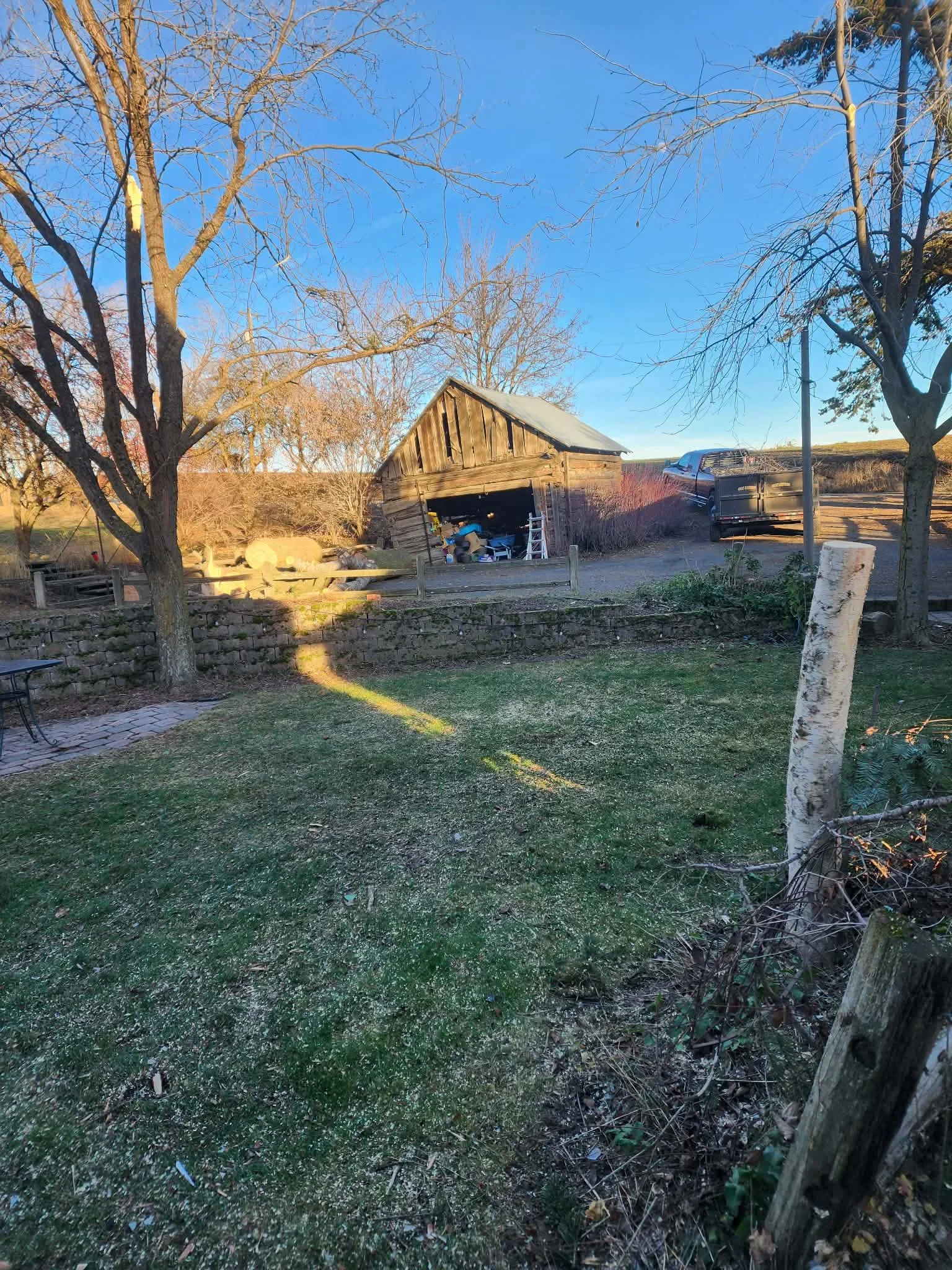 Cleared residential yard with tree stumps, stone wall, and wooden barn structure after tree removal