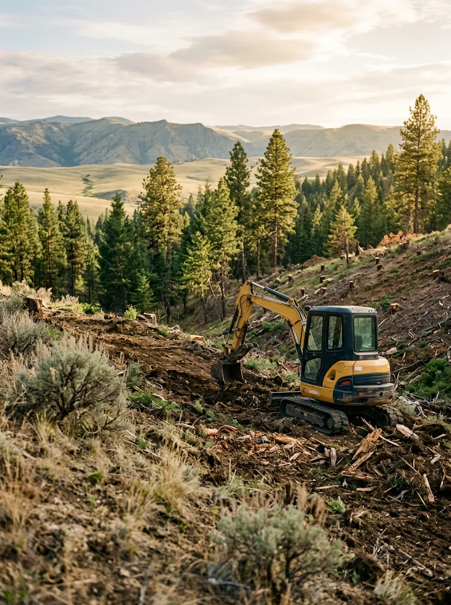 Land clearing equipment grading a timbered draw on a hillside property near Grangeville, Idaho, with open prairie visible in the background.