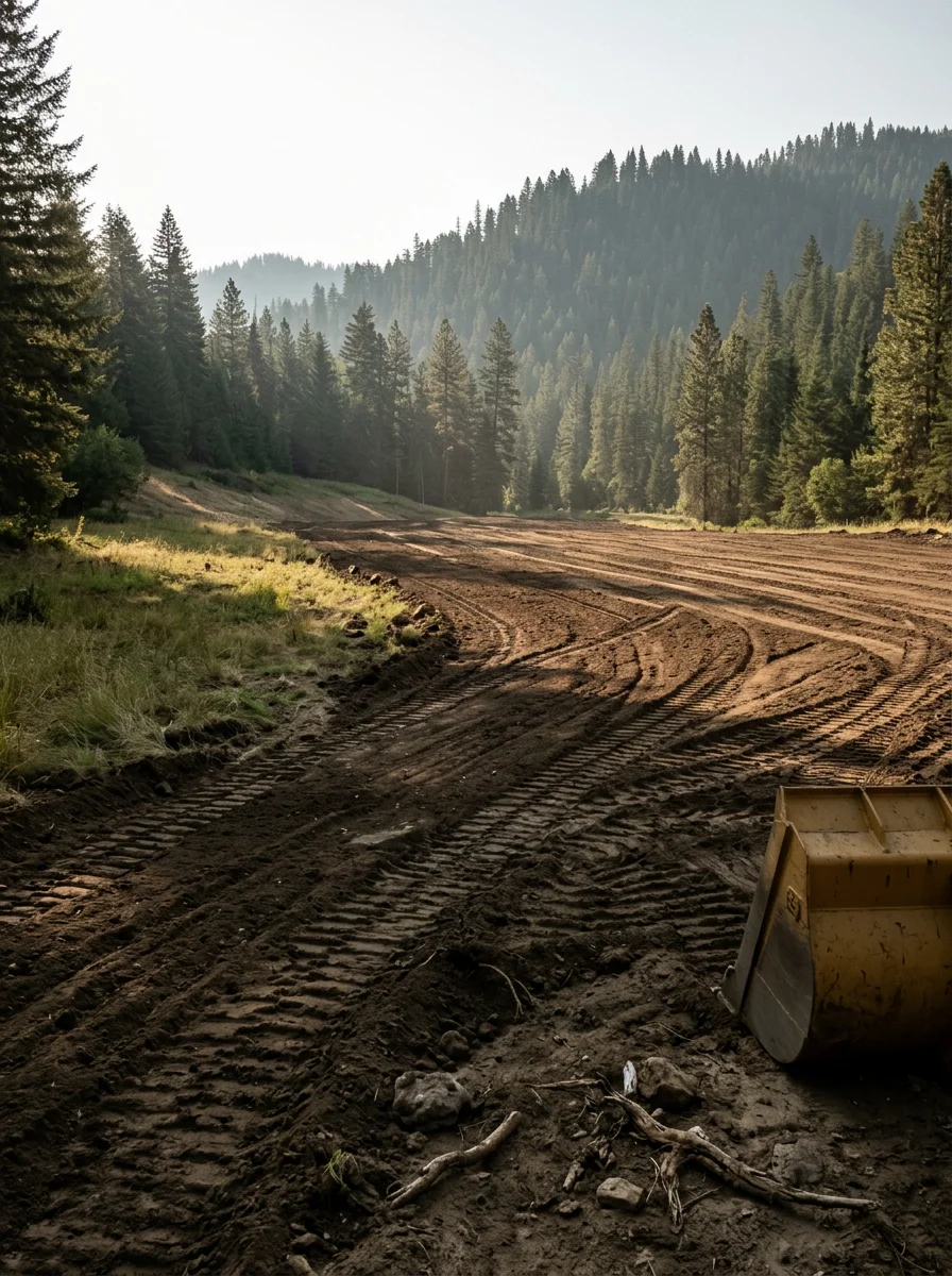 A drainage grading project on a valley-floor property in Kamiah, Idaho, with forested ridgelines visible on the hillside above.