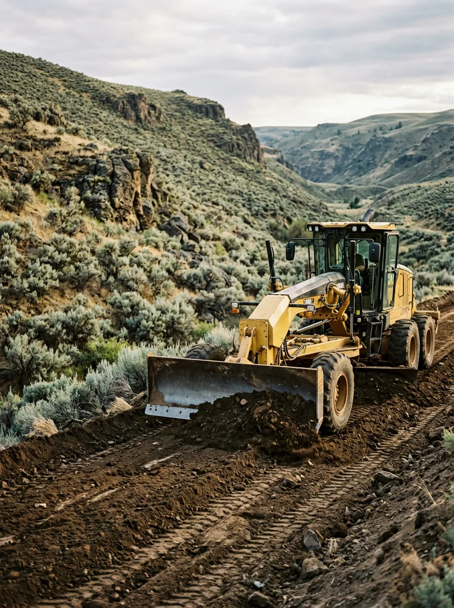 A grading machine cutting a driveway through canyon terrain on a rural property outside Kendrick, Idaho.