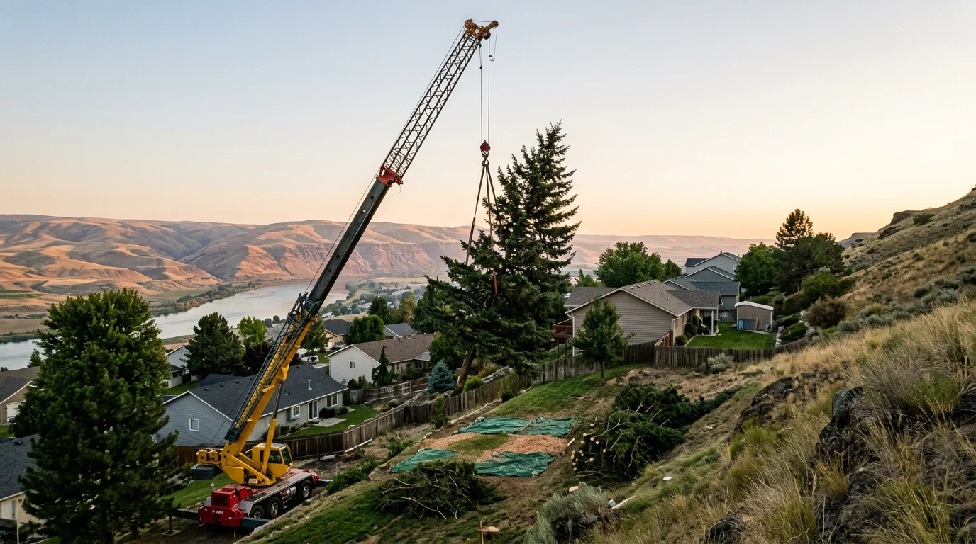 A large mature tree being removed by crane on a steep residential lot in Lewiston, Idaho, with the Snake River valley visible in the background.