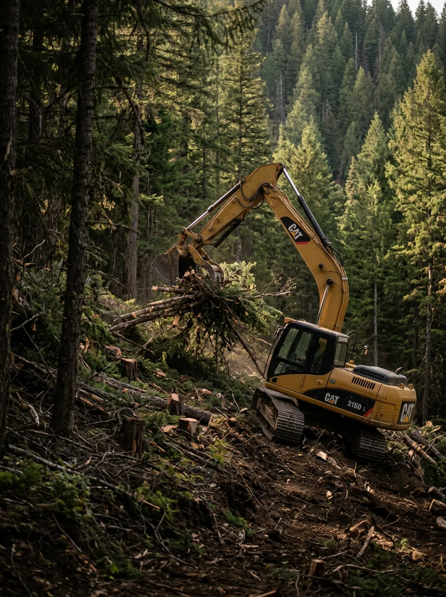 Heavy equipment clearing dense brush and timber on a sloped wooded property outside Orofino, Idaho.