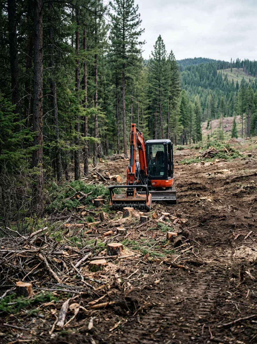 Land clearing equipment removing brush and timber stumps on a forested property outside Pierce, Idaho, preparing the site for a homesite driveway.