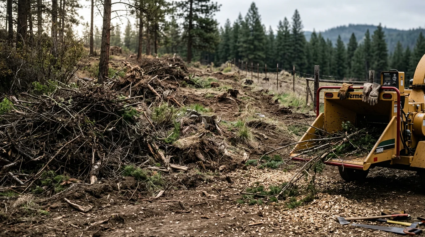 A cleared residential property in Lewiston, Idaho showing a hillside lot with overgrown brush and woody shrubs fully removed. The ground is open and clean with no debris remaining.