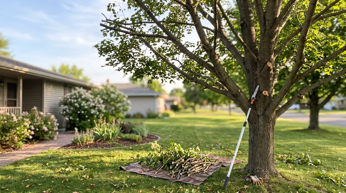 A mature tree in a Lewiston, Idaho residential yard after professional crown reduction, showing a balanced, natural canopy shape with cleared clearance above the roofline. The surrounding yard is tidy and the tree retains its full branch structure with no visible topping cuts.