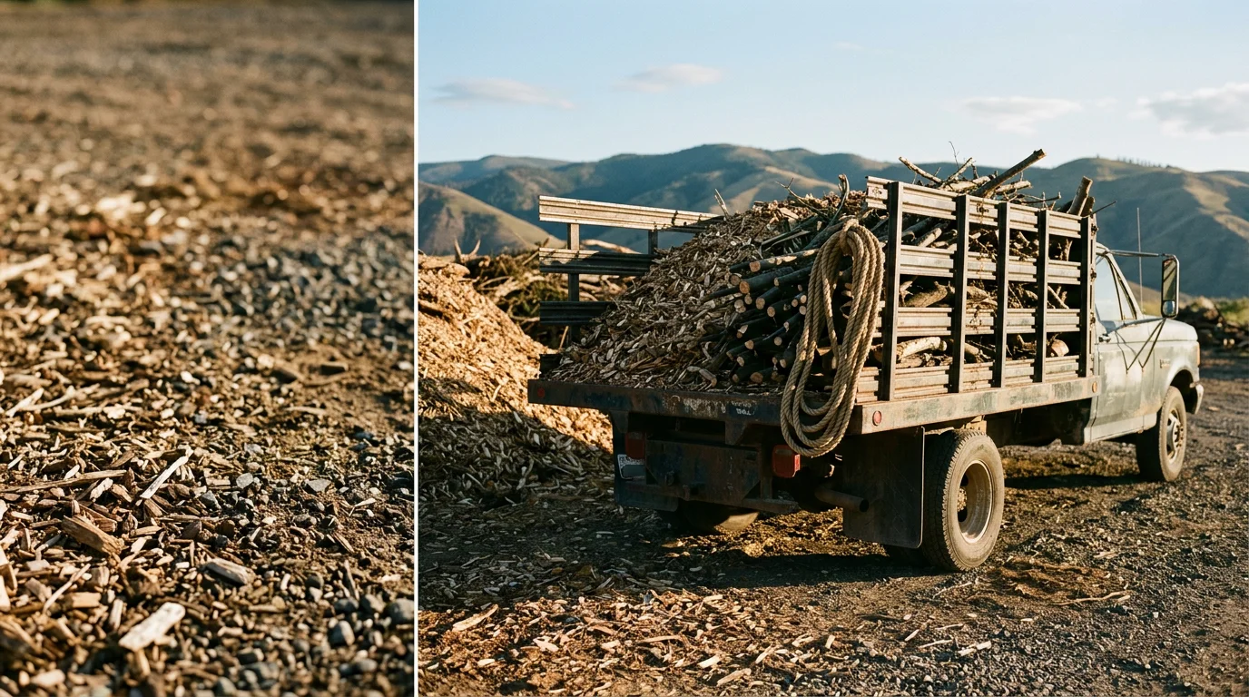 A cleared residential property in Lewiston, Idaho with a loaded hauling truck parked nearby after debris removal. Piles of storm branches and brush have been removed from the yard, leaving the land open and clean.