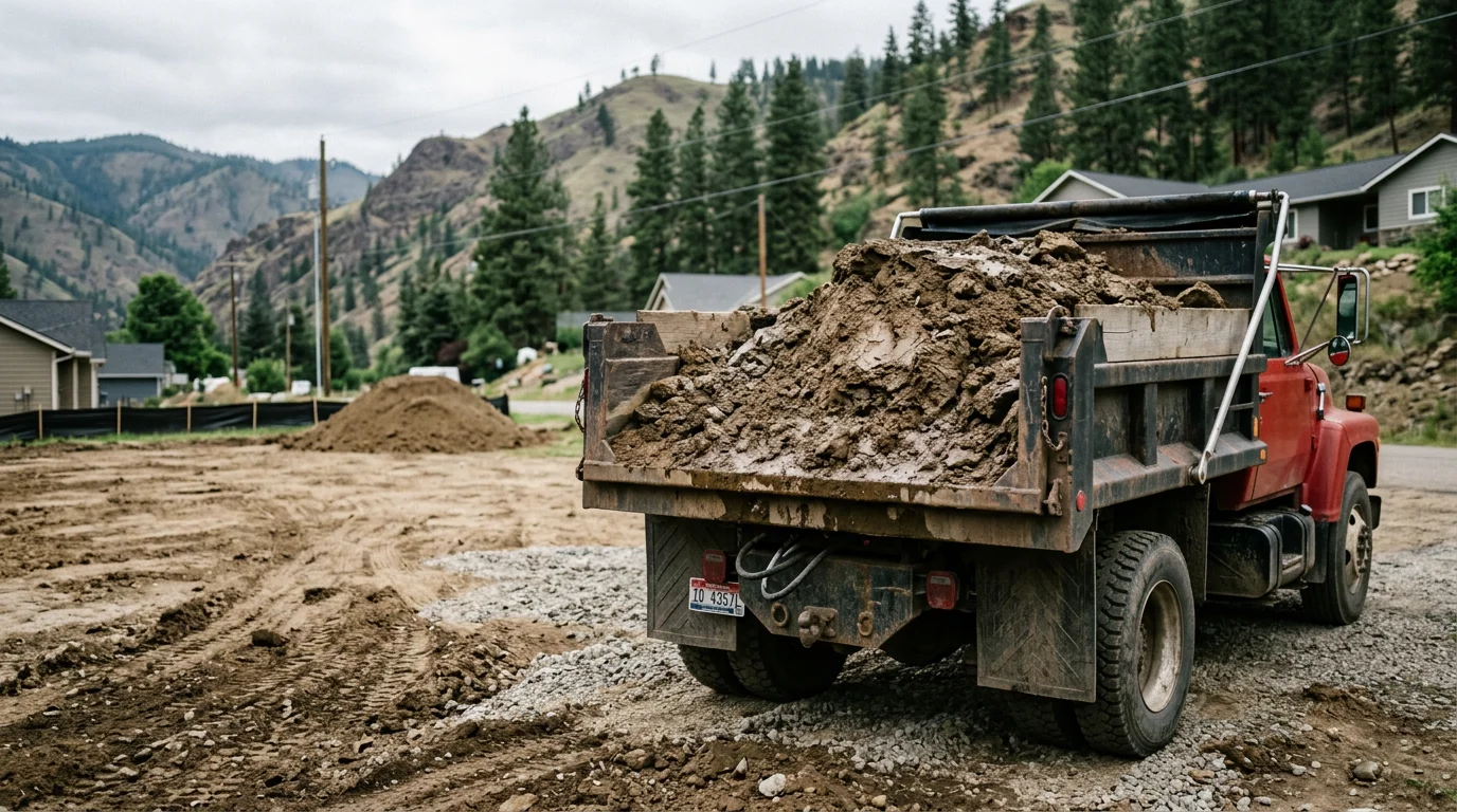 A dump truck loaded with excavated soil parked on a residential property in Lewiston, Idaho, with a cleared dig site visible in the background. The surrounding hilly terrain and rural landscape are visible beyond the property line.