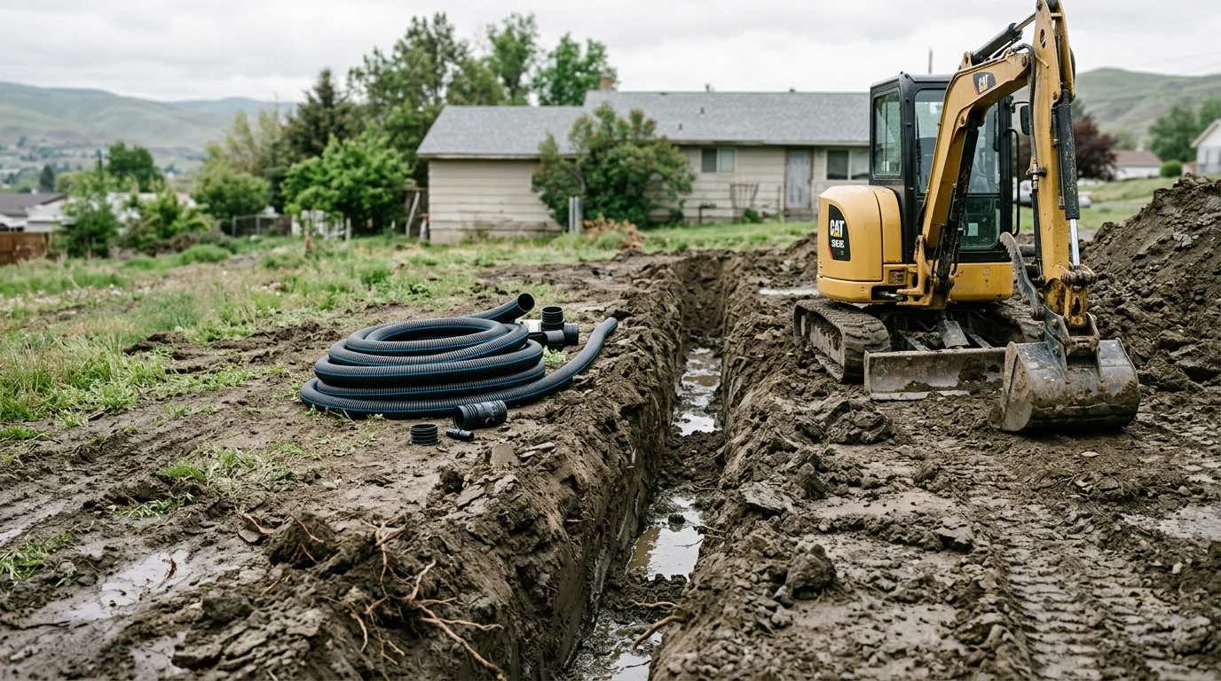 Excavated drainage channel on a residential hillside property in Lewiston, Idaho, with graded soil directing water away from a home foundation. Clay-heavy benchland terrain visible in the background with a cleared drainage path running along the property edge.