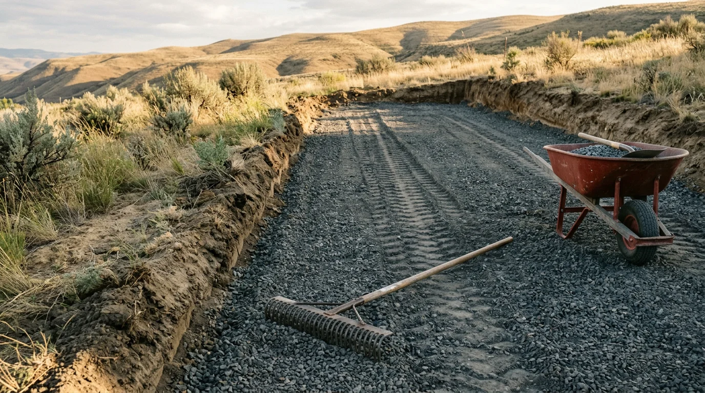 A freshly installed residential driveway with a compacted gravel surface on a sloped lot in Lewiston, Idaho. Excavation equipment sits to the side as the finished surface runs from the road to a home in a north-central Idaho setting.