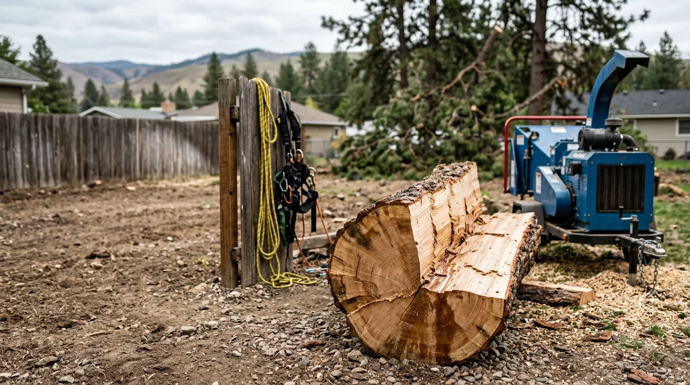 A large storm-damaged tree that has been cut and removed from a residential property in Lewiston, Idaho, with the cleared yard and intact home visible in the background. Cut log sections and brush are staged at the edge of the property following emergency tree removal work.