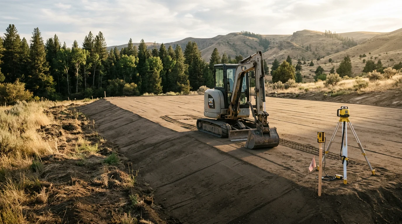 A freshly finish-graded residential lot in Lewiston, Idaho showing a smooth, evenly sloped soil surface ready for landscaping or construction. Surrounding terrain and tree lines typical of the Clearwater region are visible in the background.