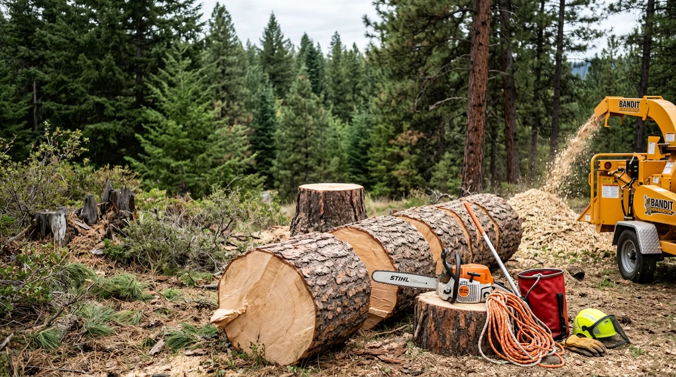 A large dead tree being removed in sections near a residential home in Lewiston, Idaho, with the trunk showing visible decay and the surrounding yard clear of debris after the job.