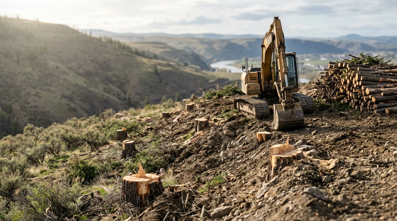 A cleared rural parcel in the Lewiston, Idaho region showing exposed soil and removed tree stumps, with surrounding forested hillside visible in the background. Heavy equipment tracks are visible across the leveled ground, indicating recent land clearing work.