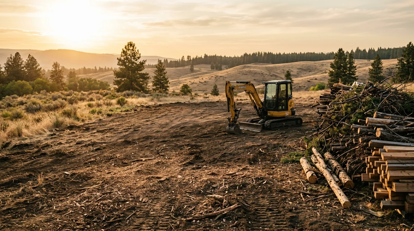 An overgrown rural property near Lewiston, Idaho before and after cleanup, showing dense brush and dead trees removed to reveal clear, usable ground. Evergreen Tree Service and Excavation LLC overgrown property cleanup service in Nez Perce County, Idaho.