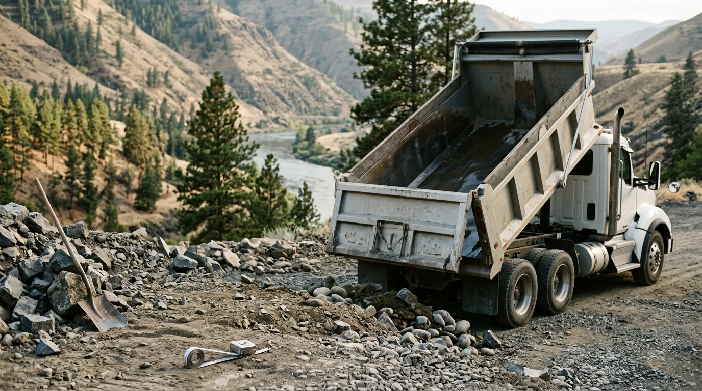A cleared residential property in Lewiston, Idaho after rock hauling, with excavated stone and cobbles loaded into a dump truck ready for removal. The site shows exposed graded ground prepared for the next phase of construction or landscaping.