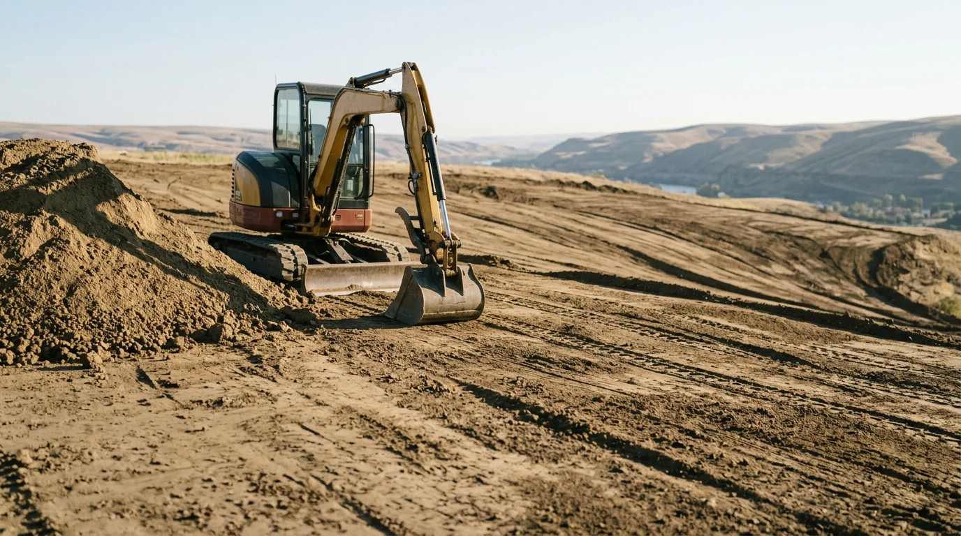 A tracked excavator shaping and leveling raw sloped land during a rough grading project on a residential lot near Lewiston, Idaho. Exposed soil has been cut and filled to a uniform working elevation, with surrounding hills and valley terrain visible in the background.