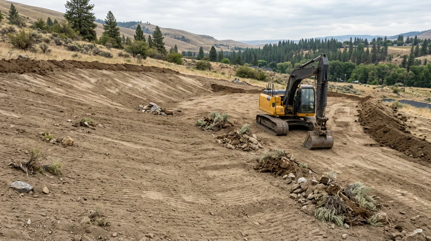 Excavation equipment clearing and leveling a raw land parcel in Lewiston, Idaho, with loose soil and tree stumps removed to create a flat, construction-ready building site. Surrounding hillside terrain and open sky are visible in the background.