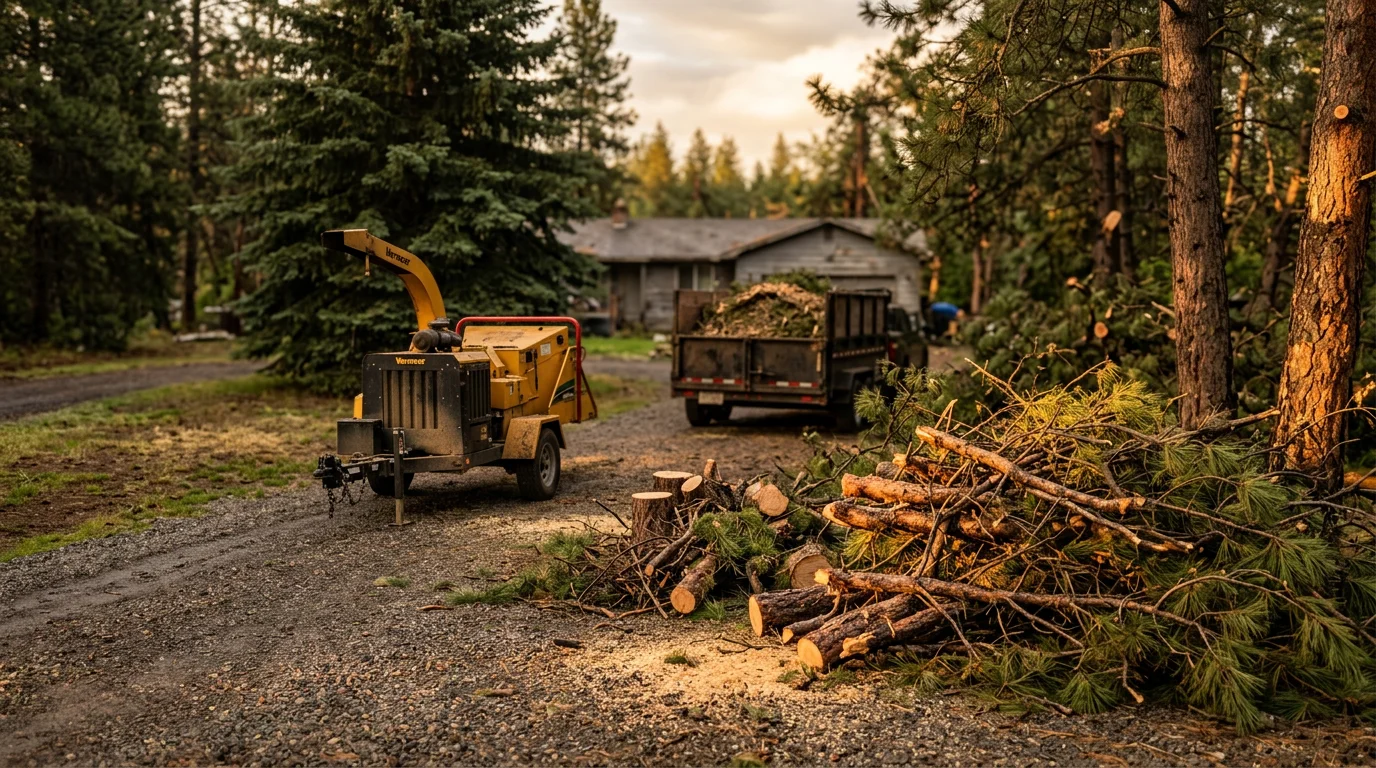 A large storm-felled tree being cut and cleared from a residential yard in Lewiston, Idaho, with debris piled for hauling after a high-wind event. The driveway and surrounding property are visible in the background with cleared access restored.