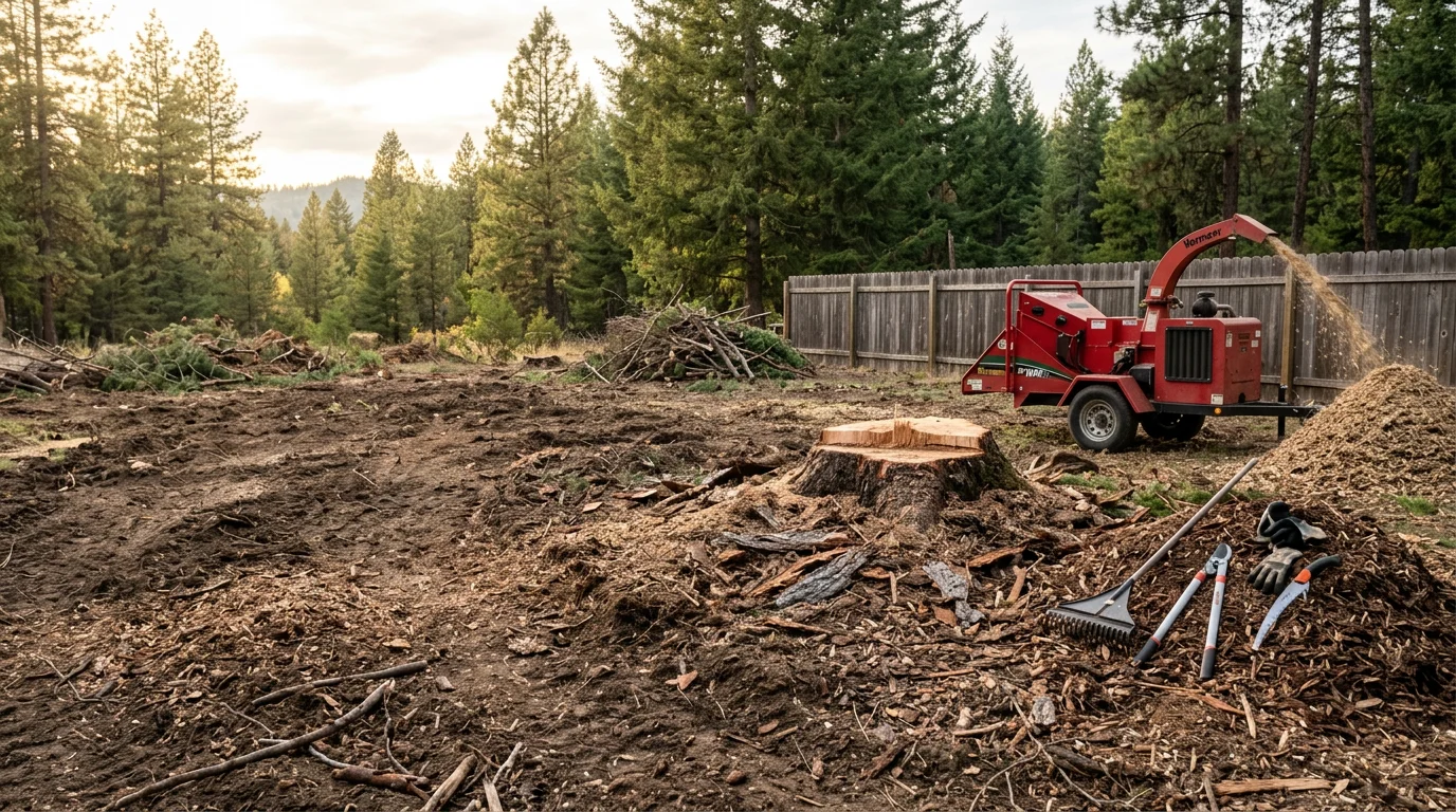 A large conifer being removed from a residential property in Lewiston, Idaho, with the trunk sectioned and debris cleared from the surrounding yard. A crew works near a single-story home with open sky visible where the tree once stood.