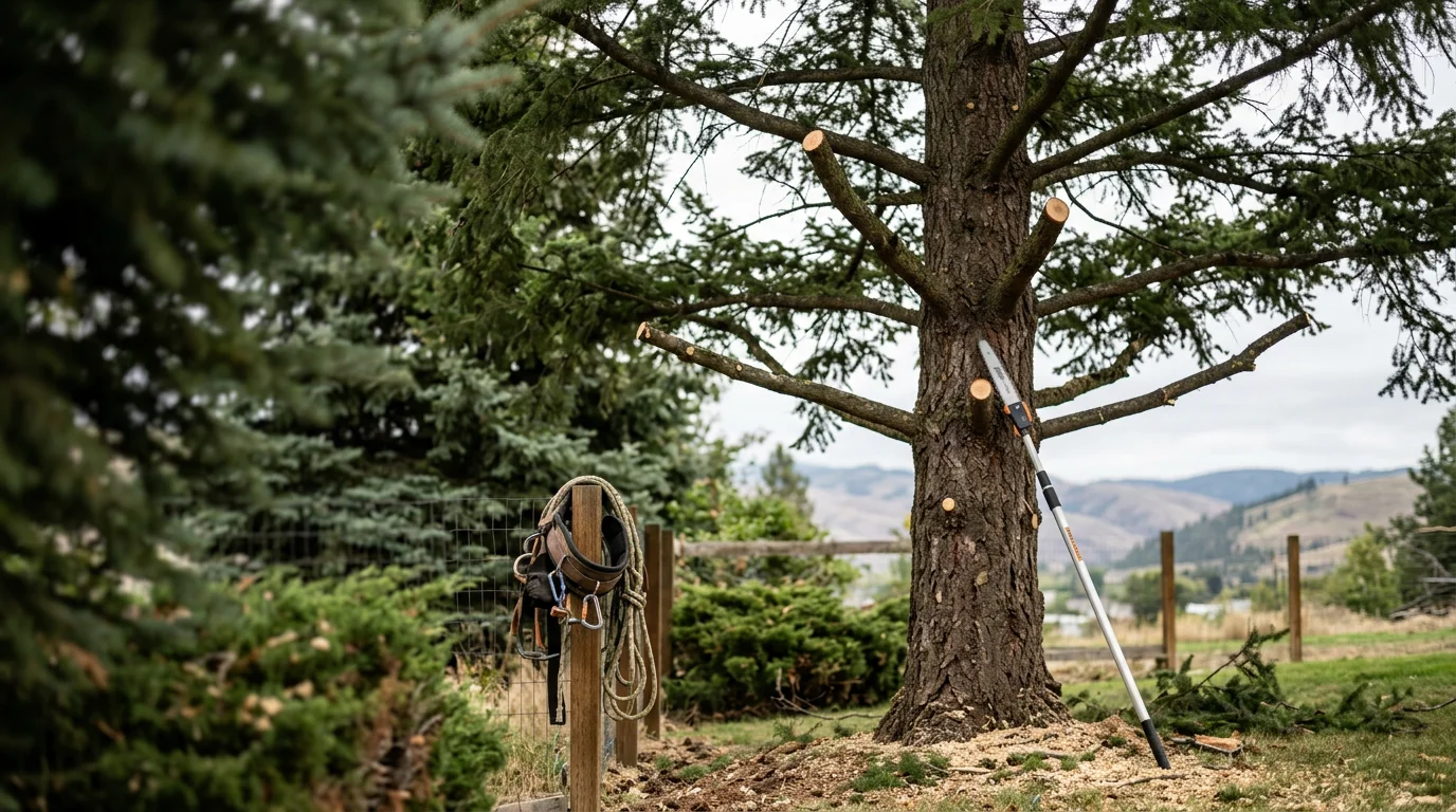A mature ponderosa pine tree with trimmed, well-spaced branches standing in a residential yard in Lewiston, Idaho. Cut limbs are stacked neatly on the ground beside the tree following a professional trimming service.