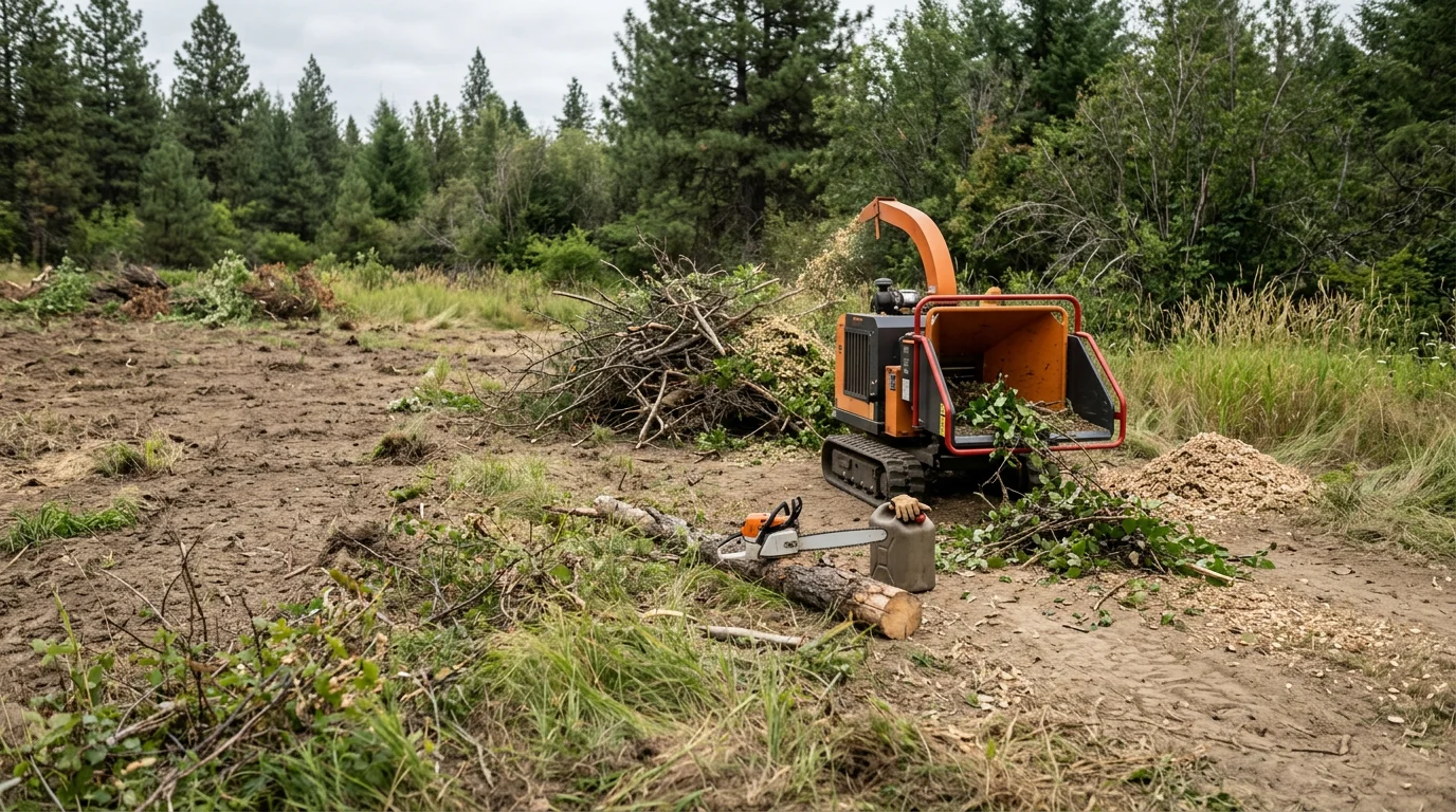 A cleared rural property in the Lewiston, Idaho area after professional vegetation removal, showing open ground free of invasive weeds and overgrown plant growth. Equipment tracks and cut vegetation debris are visible along the property edge.